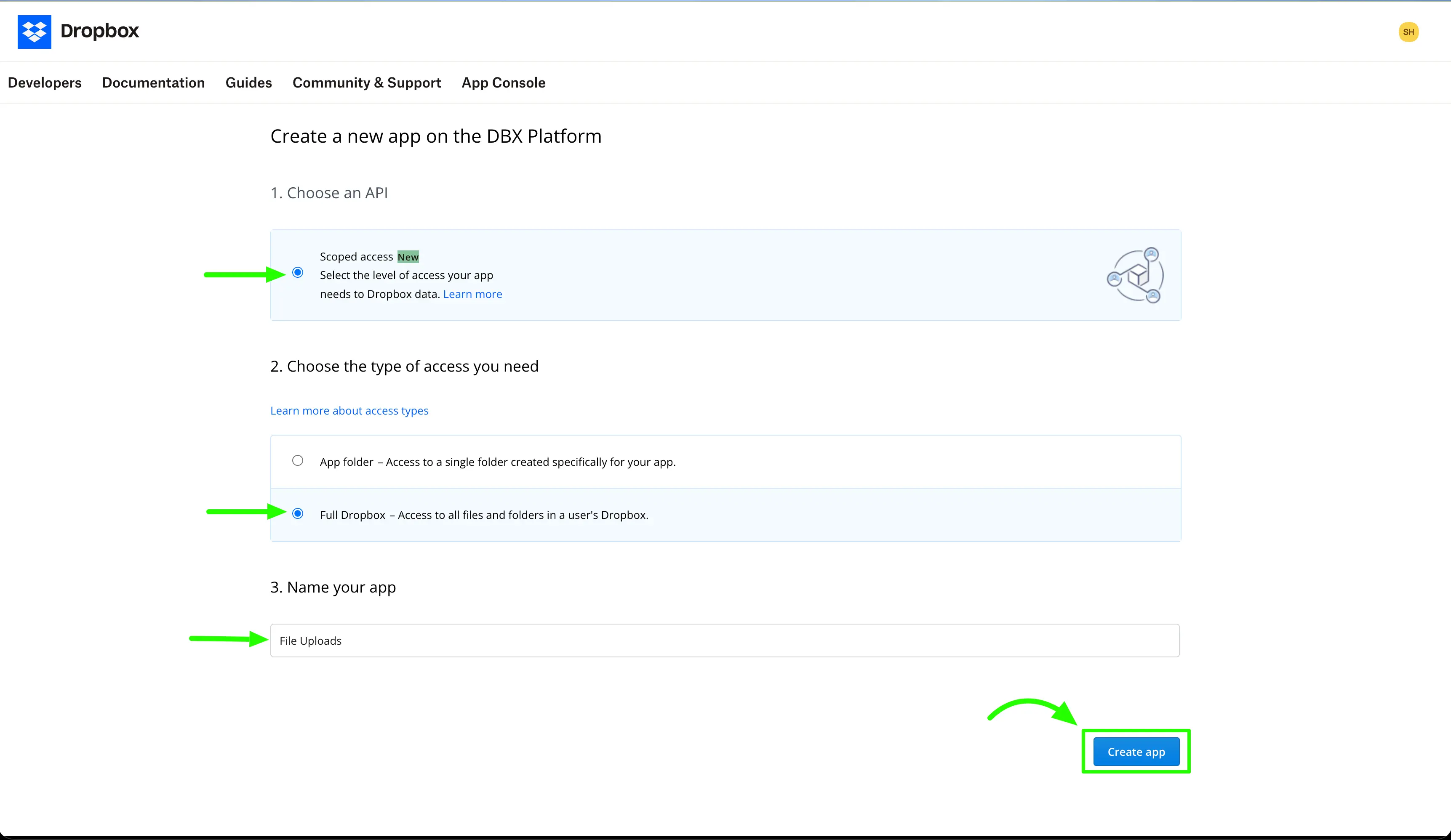 Create a new app on the DBX Platform popup page