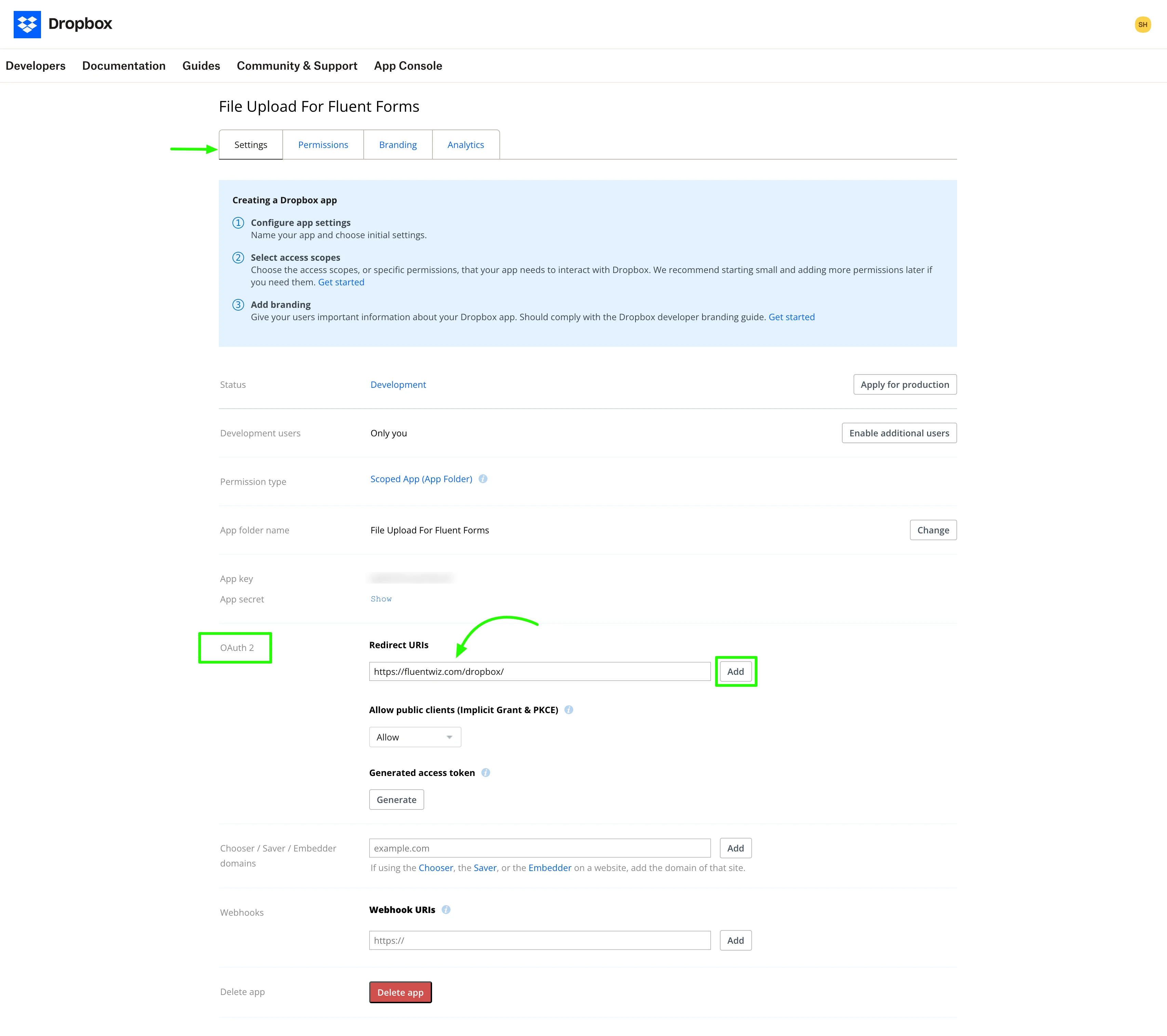 Dropbox App Settings