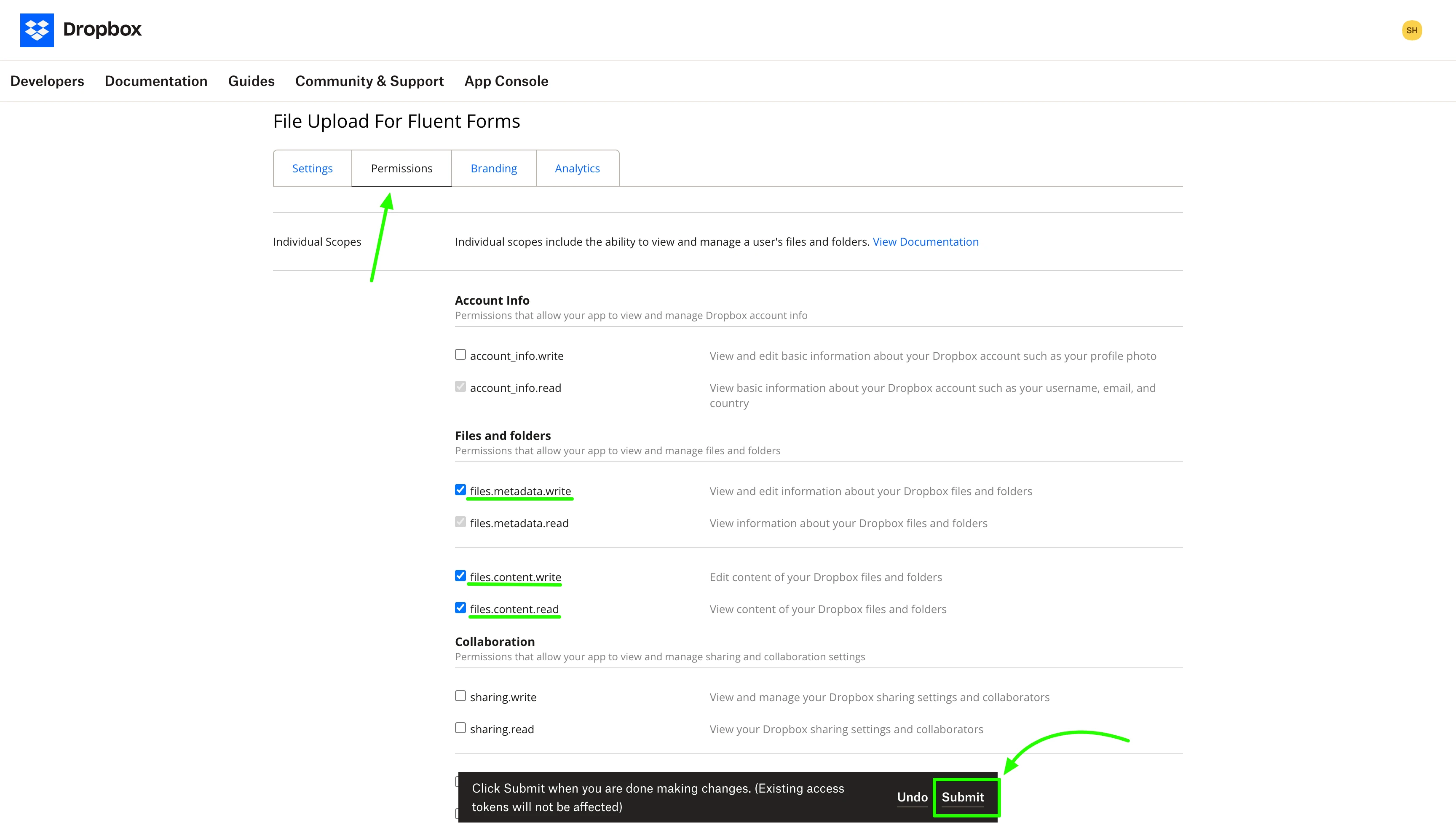 Set Required Dropbox App Permissions