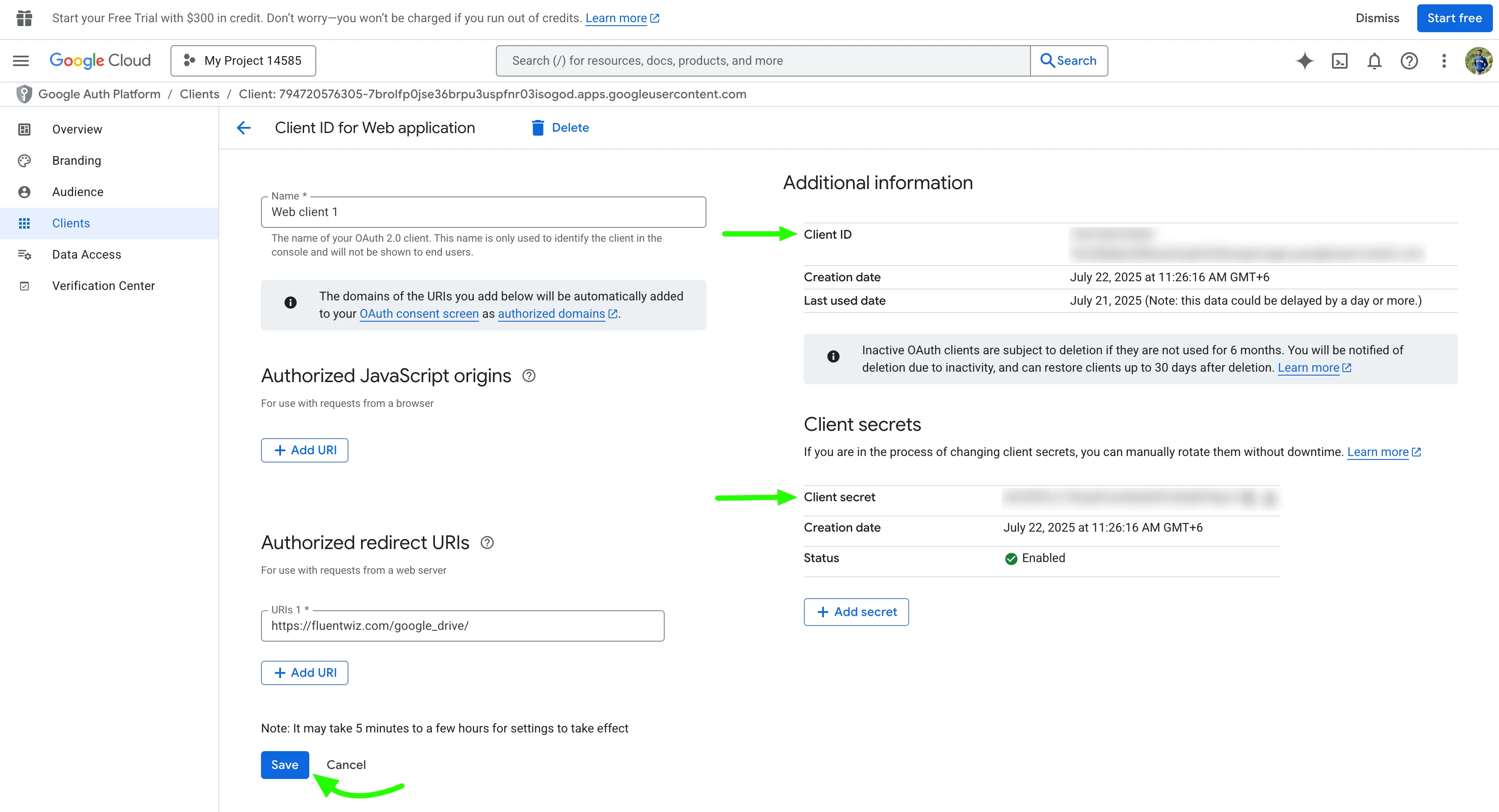 Client ID and Client Secret