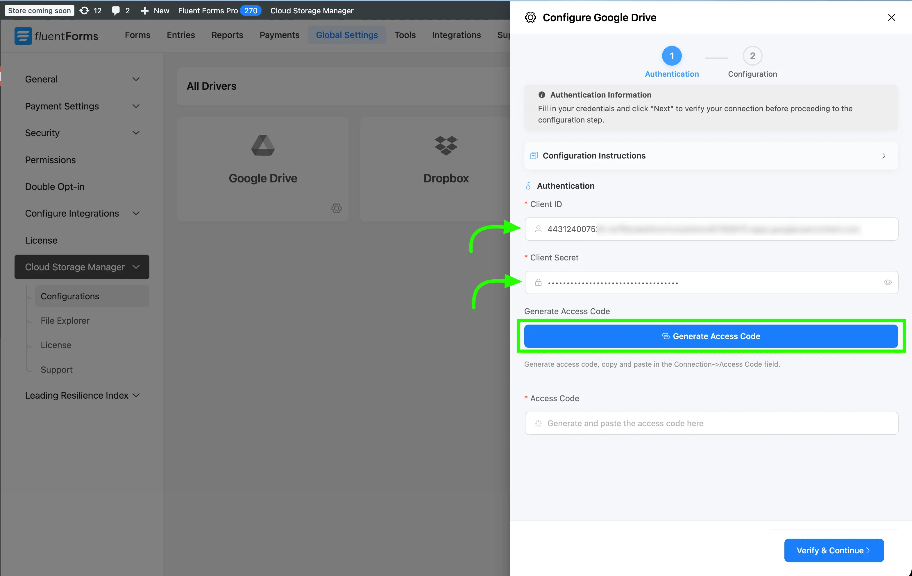Client ID, Client Secret and Generate Access Code