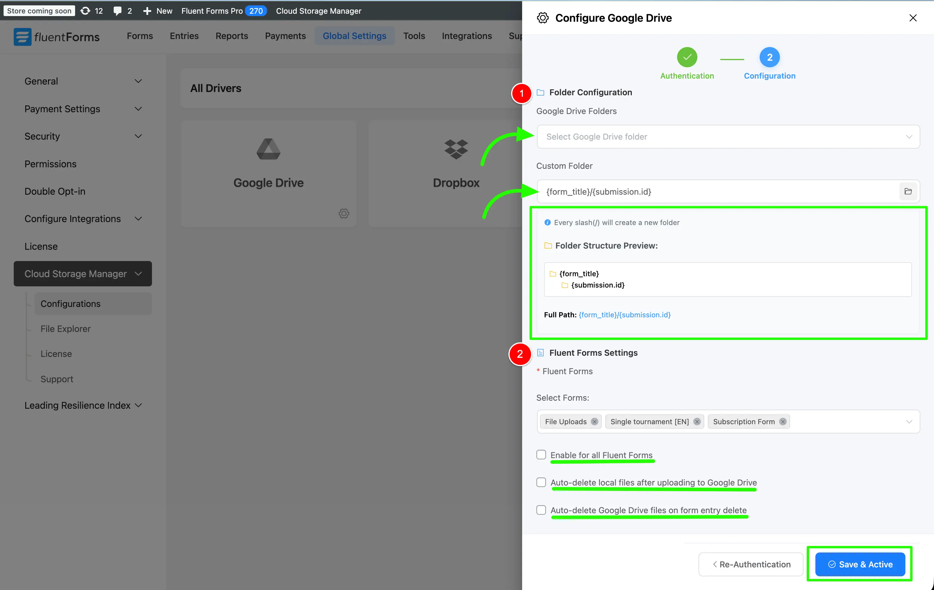 Configure folder organization and fluent forms settings
